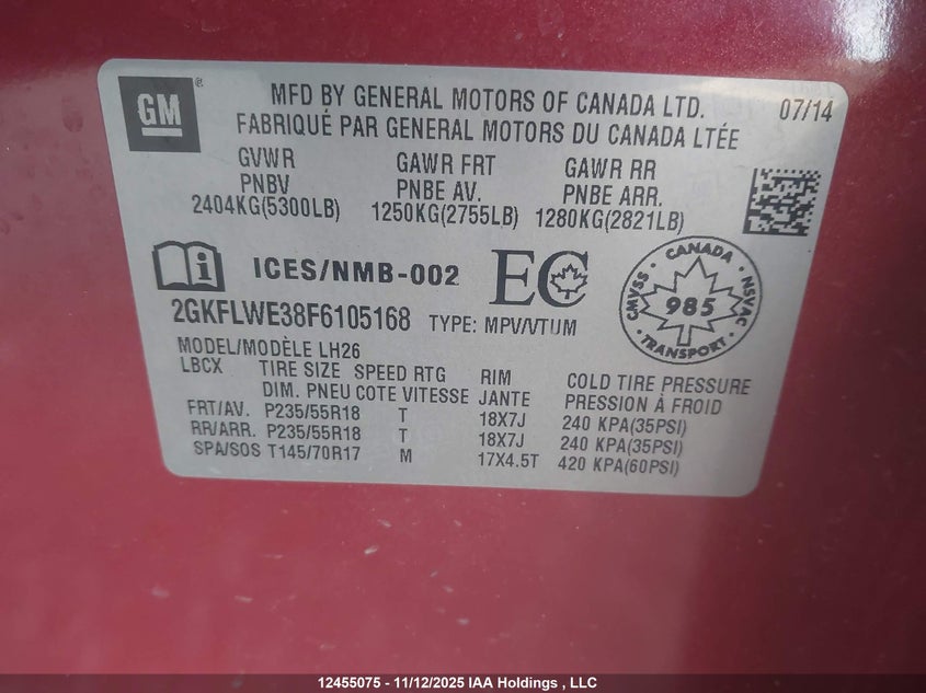 2015 GMC Terrain Sle VIN: 2GKFLWE38F6105168 Lot: 12455075