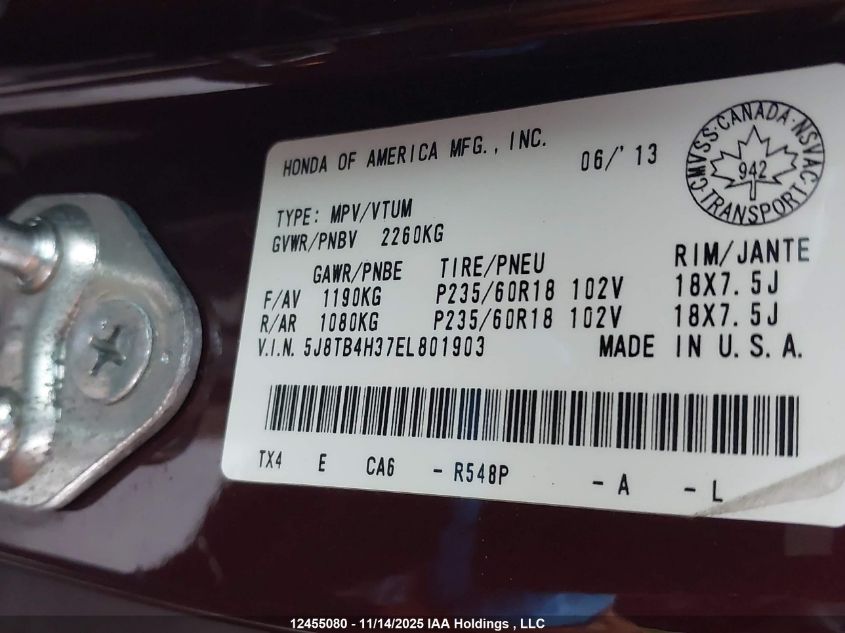 2014 Acura Rdx VIN: 5J8TB4H37EL801903 Lot: 12455080