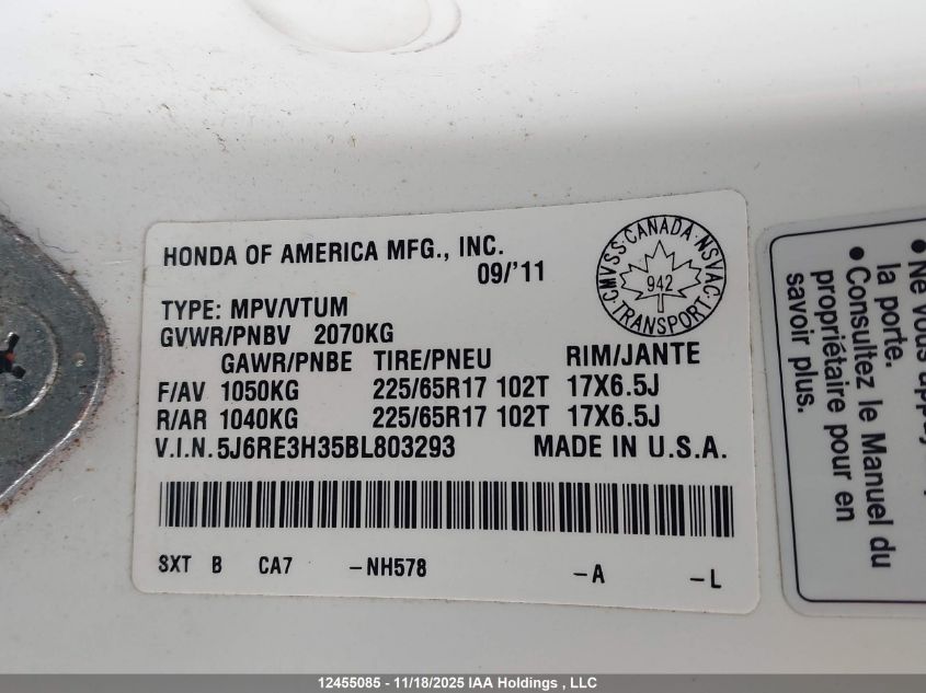 2011 Honda Cr-V Lx VIN: 5J6RE3H35BL803293 Lot: 12455085