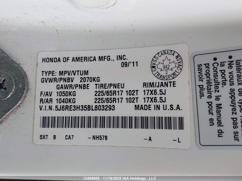 2011 Honda Cr-V Lx VIN: 5J6RE3H35BL803293 Lot: 12455085