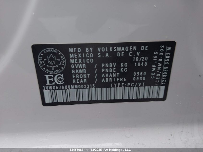 2021 Volkswagen Golf VIN: 3VWG57AU8MM002315 Lot: 12455086