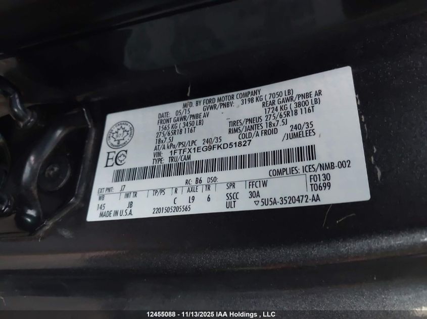 2015 Ford F150 Super Cab VIN: 1FTFX1EG9FKD51827 Lot: 12455088