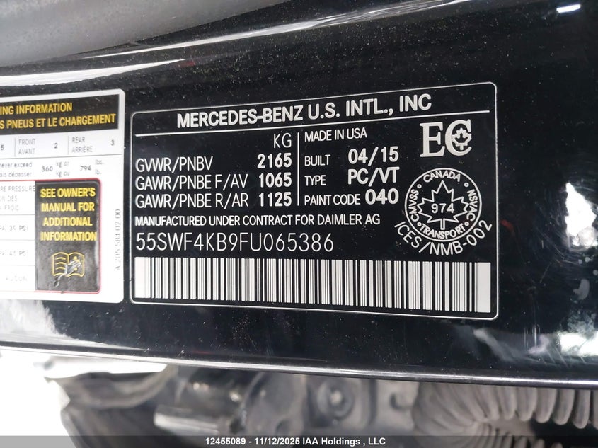 2015 Mercedes-Benz C 300 4Matic VIN: 55SWF4KB9FU065386 Lot: 12455089