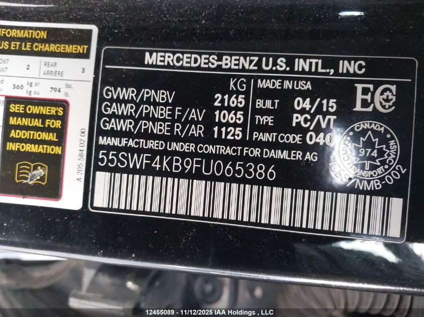 2015 Mercedes-Benz C 300 4Matic VIN: 55SWF4KB9FU065386 Lot: 12455089