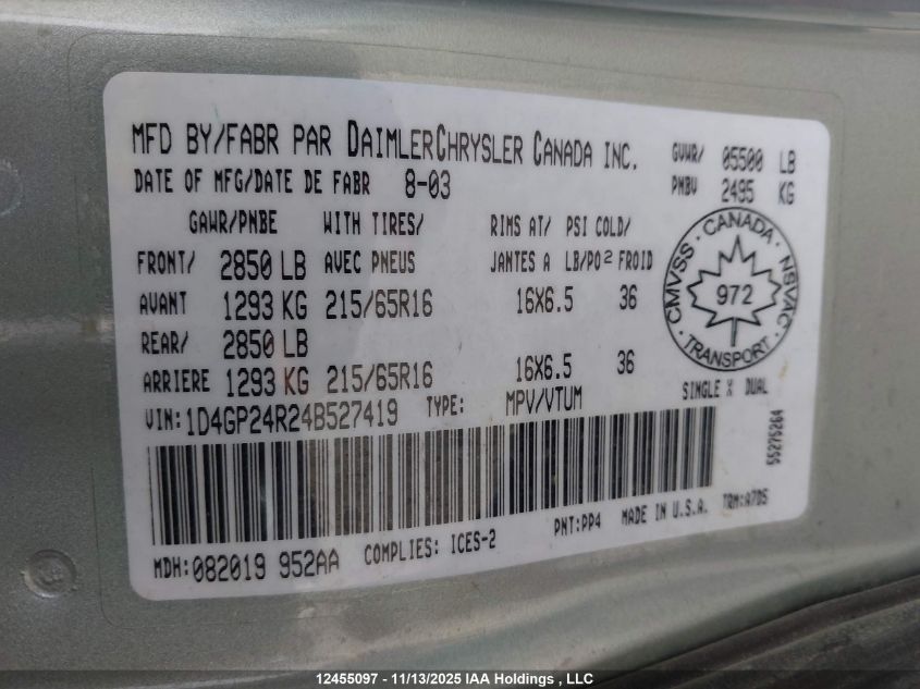 2004 Dodge Grand Caravan Se VIN: 1D4GP24R24B527419 Lot: 12455097