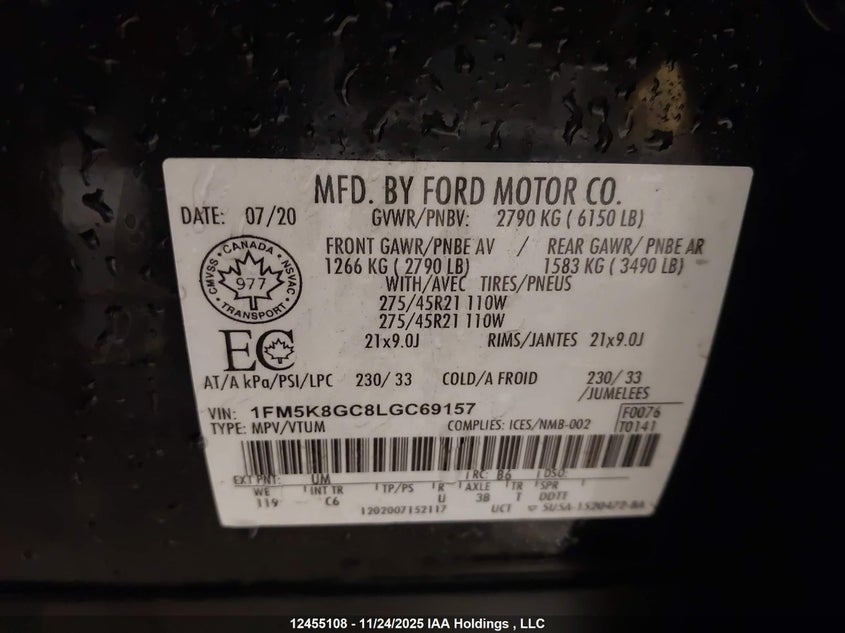 1FM5K8GC8LGC69157 2020 FORD EXPLORER photo no. 9