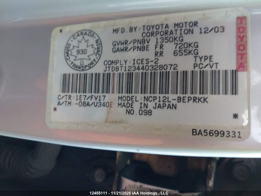 2004 Toyota Echo VIN: JTDBJ123440328072 Lot: 12455111