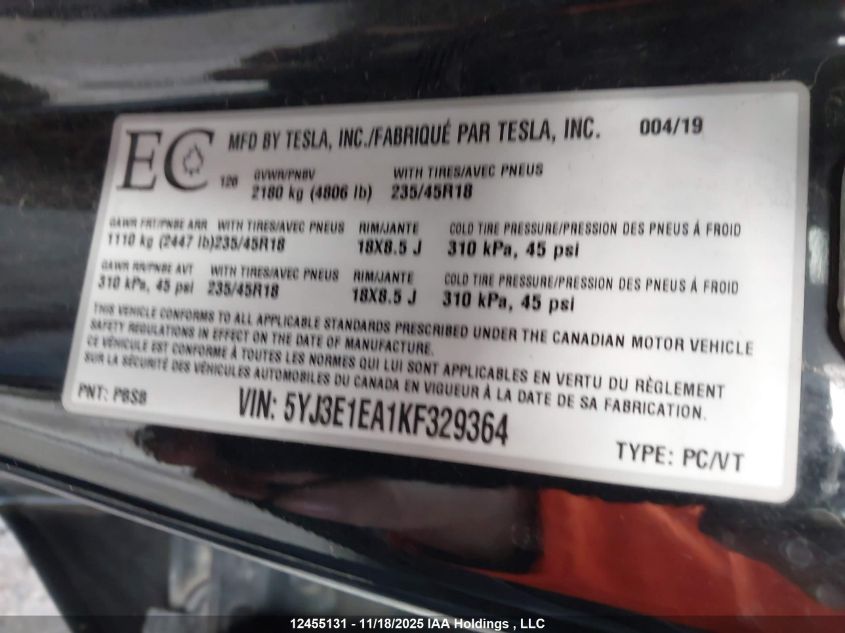 2019 Tesla Model 3 VIN: 5YJ3E1EA1KF329364 Lot: 12455131