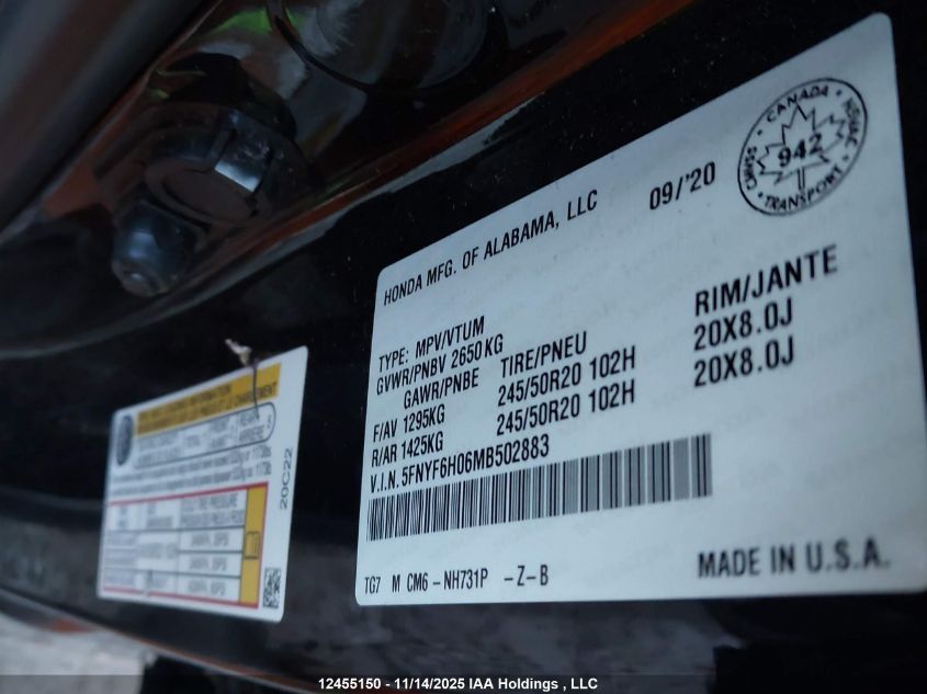 2021 Honda Pilot Black Edition VIN: 5FNYF6H06MB502883 Lot: 12455150