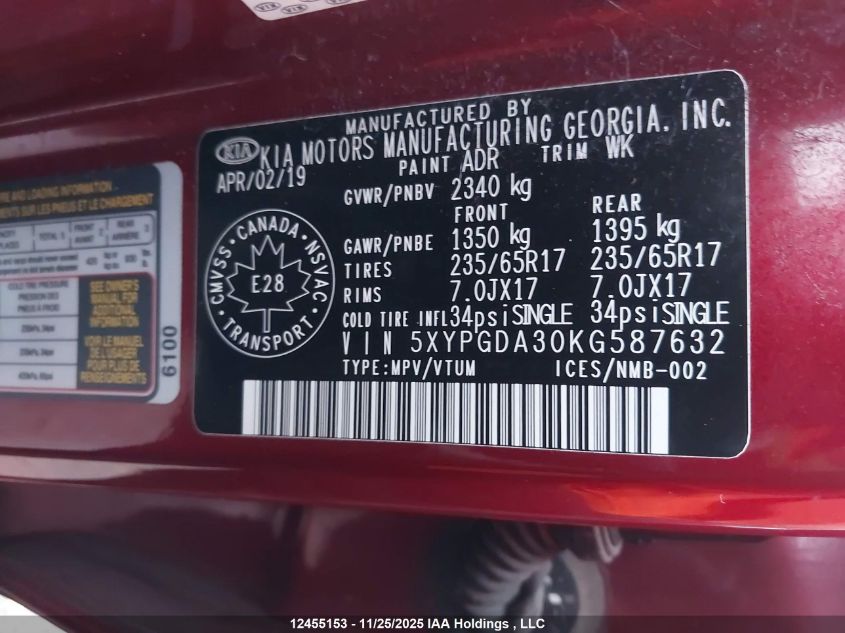 2019 Kia Sorento 2.4L Lx VIN: 5XYPGDA30KG587632 Lot: 12455153
