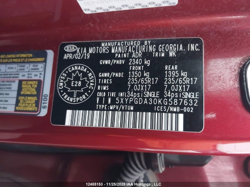 2019 Kia Sorento 2.4L Lx VIN: 5XYPGDA30KG587632 Lot: 12455153