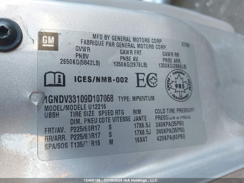 2009 Chevrolet Uplander Lt VIN: 1GNDV33109D107068 Lot: 12455156