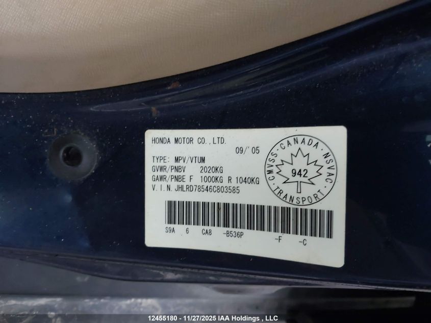 2006 Honda Cr-V Se VIN: JHLRD78546C803585 Lot: 12455180