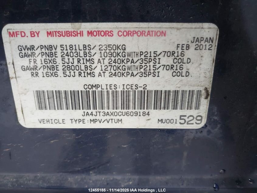 2012 Mitsubishi Outlander Ls VIN: JA4JT3AX0CU609184 Lot: 12455185