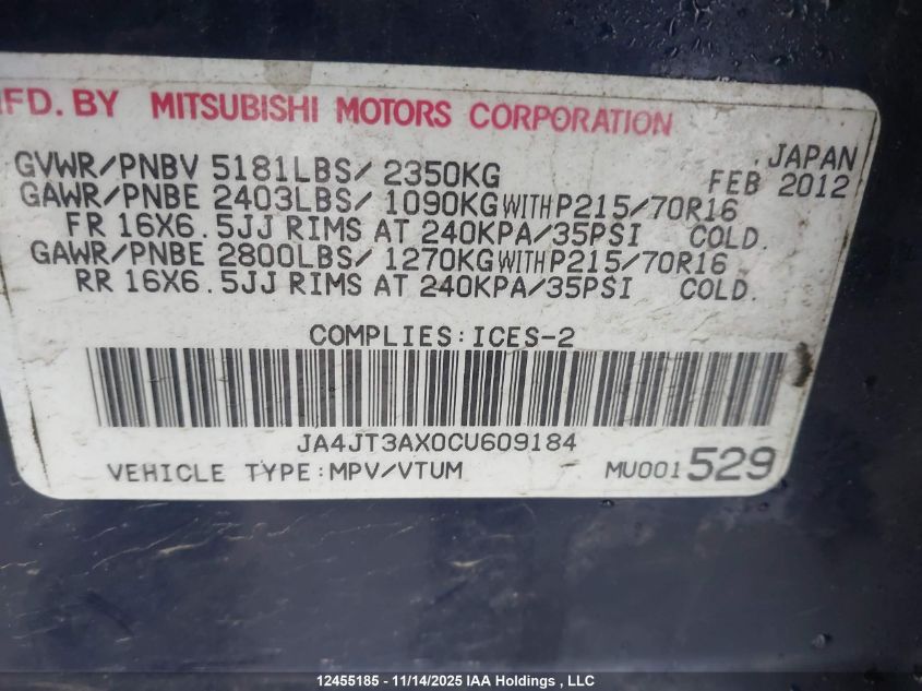 2012 Mitsubishi Outlander Ls VIN: JA4JT3AX0CU609184 Lot: 12455185