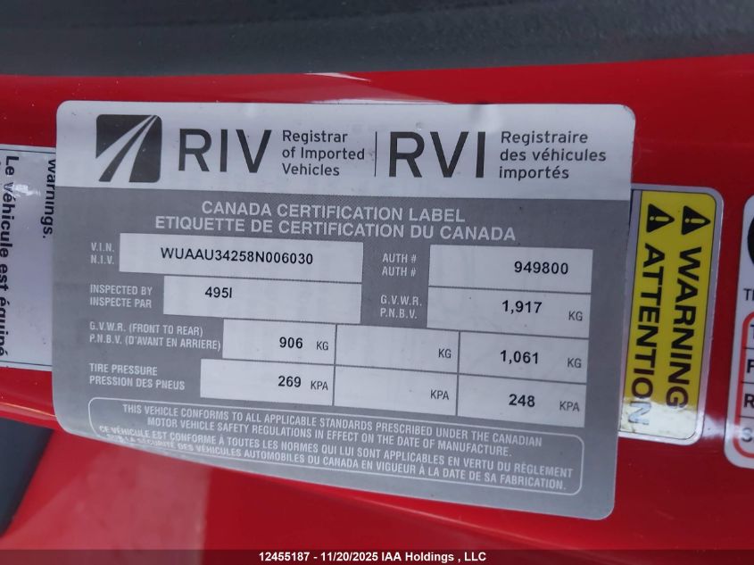 2008 Audi R8 4.2 VIN: WUAAU34258N006030 Lot: 12455187