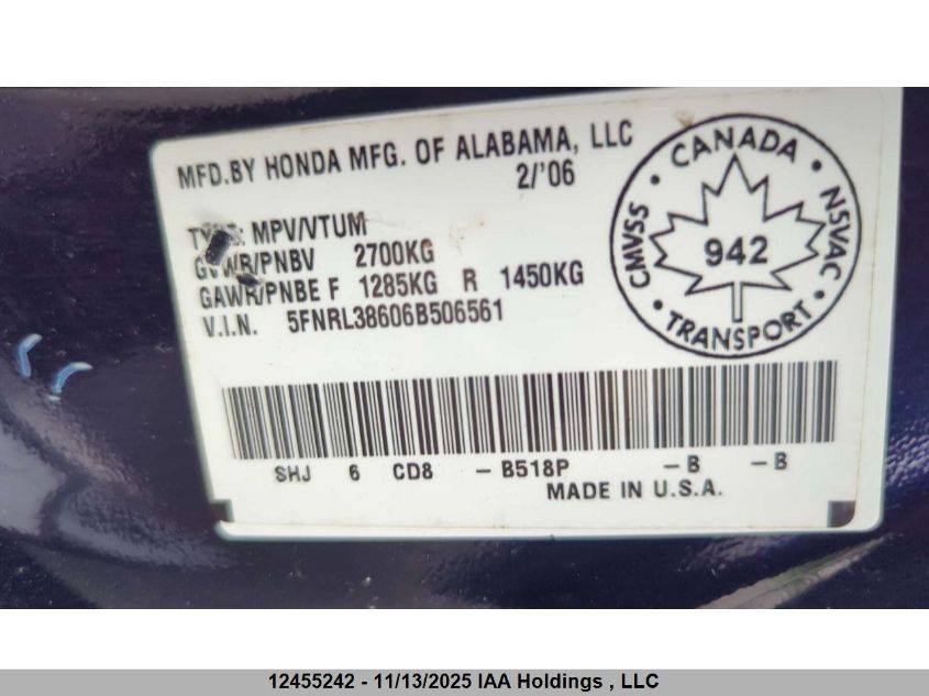 2006 Honda Odyssey Exl VIN: 5FNRL38606B506561 Lot: 12455242