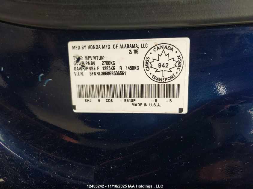 2006 Honda Odyssey Exl VIN: 5FNRL38606B506561 Lot: 12455242