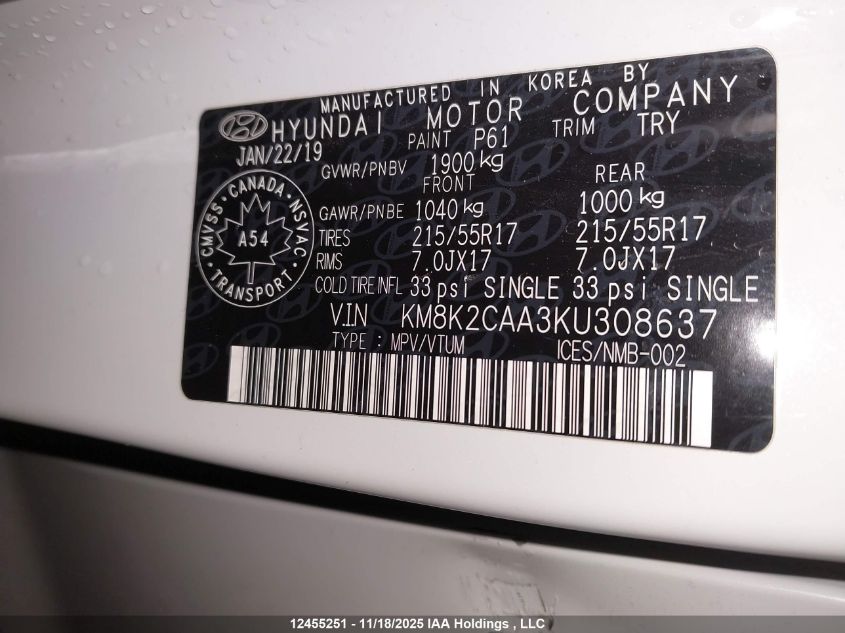 2019 Hyundai Kona Sel VIN: KM8K2CAA3KU308637 Lot: 12455251