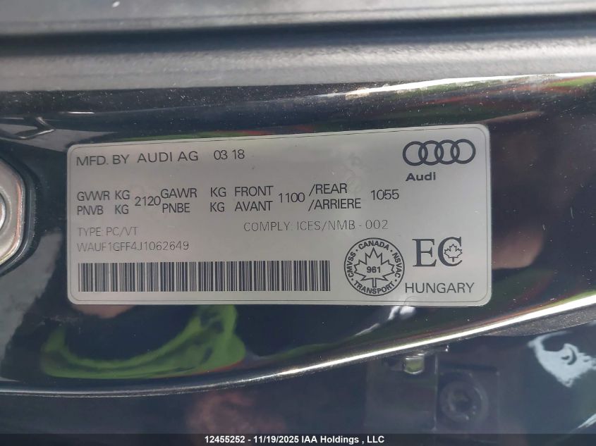 2018 Audi S3 2.0T Technik VIN: WAUF1GFF4J1062649 Lot: 12455252