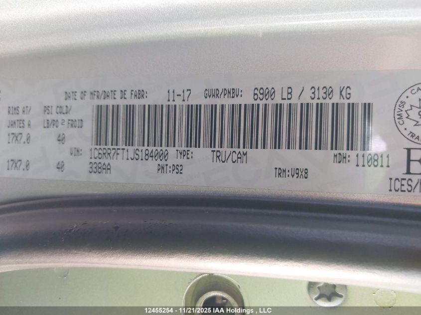 2018 Ram 1500 St VIN: 1C6RR7FT1JS184000 Lot: 12455254