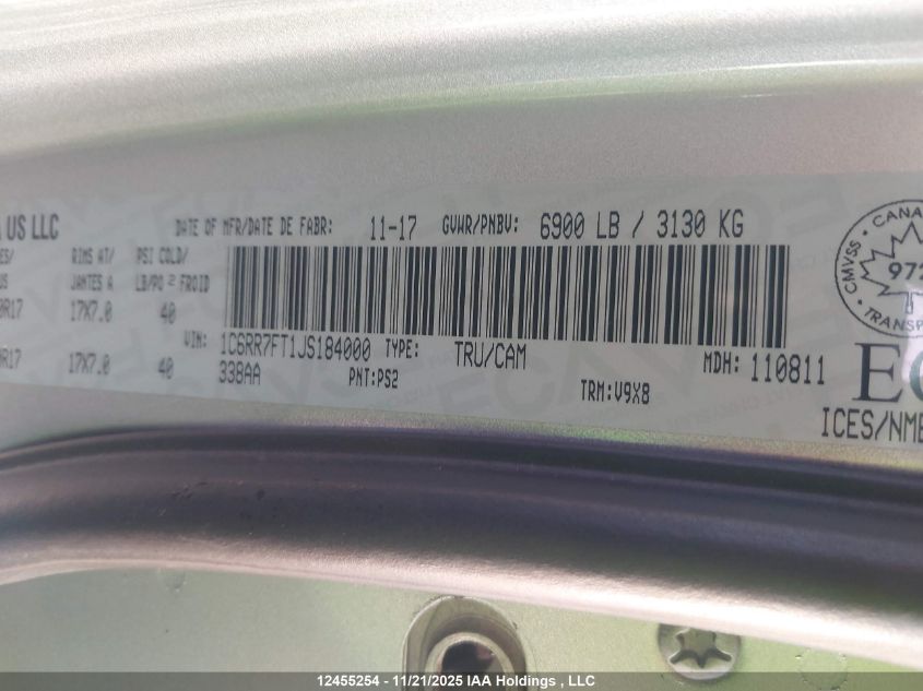 2018 Ram 1500 St VIN: 1C6RR7FT1JS184000 Lot: 12455254