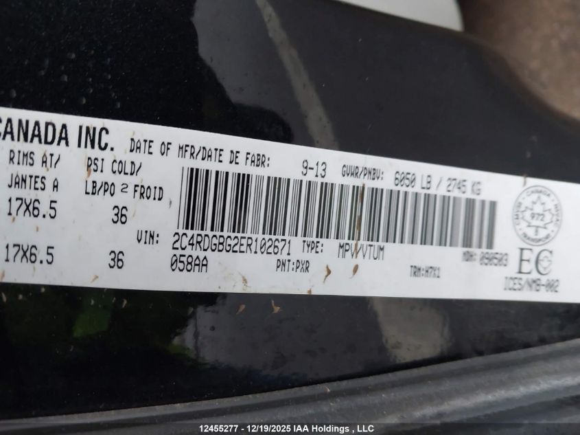 2014 Dodge Grand Caravan Se VIN: 2C4RDGBG2ER102671 Lot: 12455277