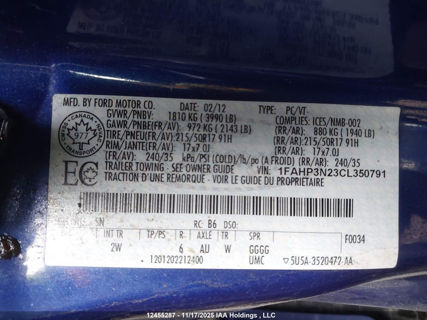 1FAHP3N23CL350791 2012 FORD FOCUS photo no. 9