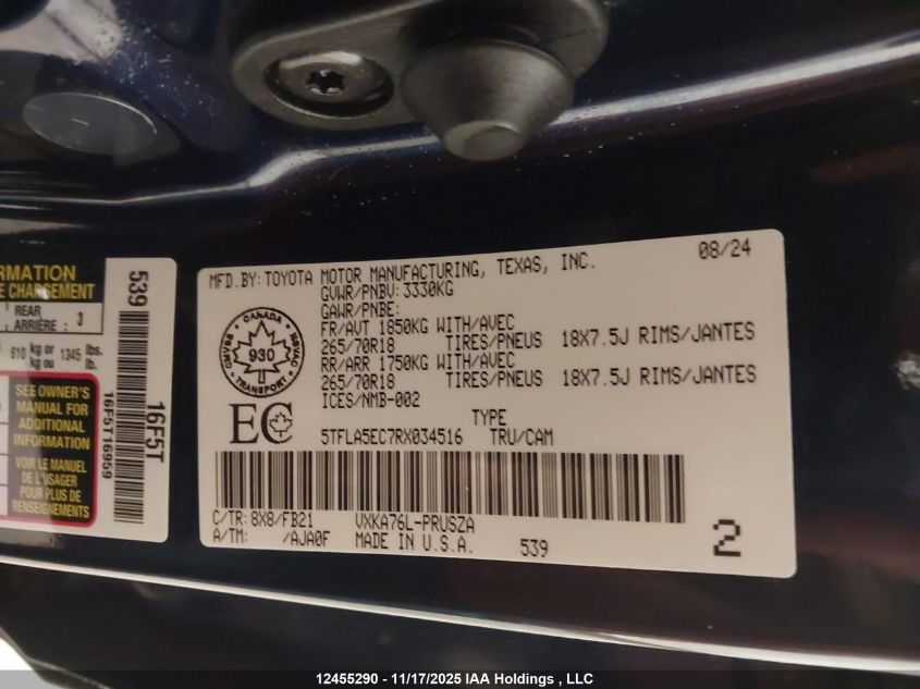 2024 Toyota Tundra Sr5 4X4 VIN: 5TFLA5EC7RX034516 Lot: 12455290