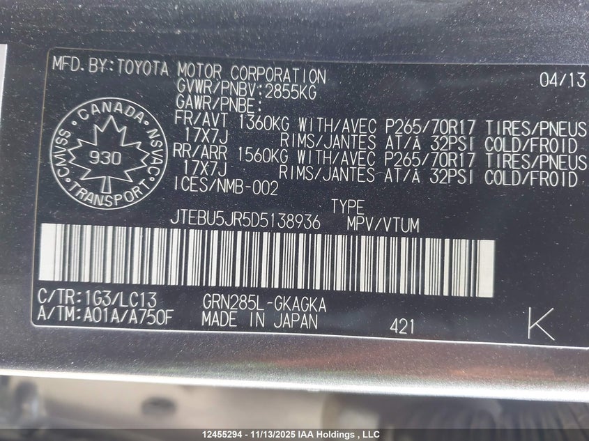 JTEBU5JR5D5138936 2013 TOYOTA 4RUNNER photo no. 9