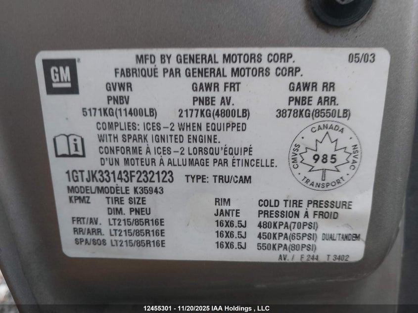 1GTJK33143F232123 2003 GMC  photo no. 9