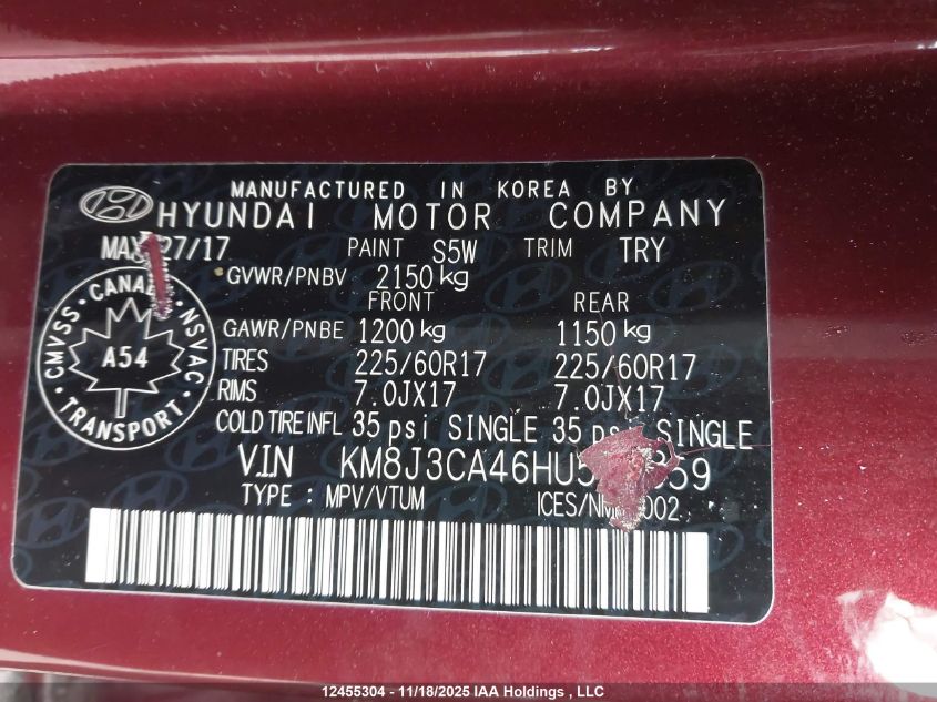 2017 Hyundai Tucson Se VIN: KM8J3CA46HU512859 Lot: 12455304