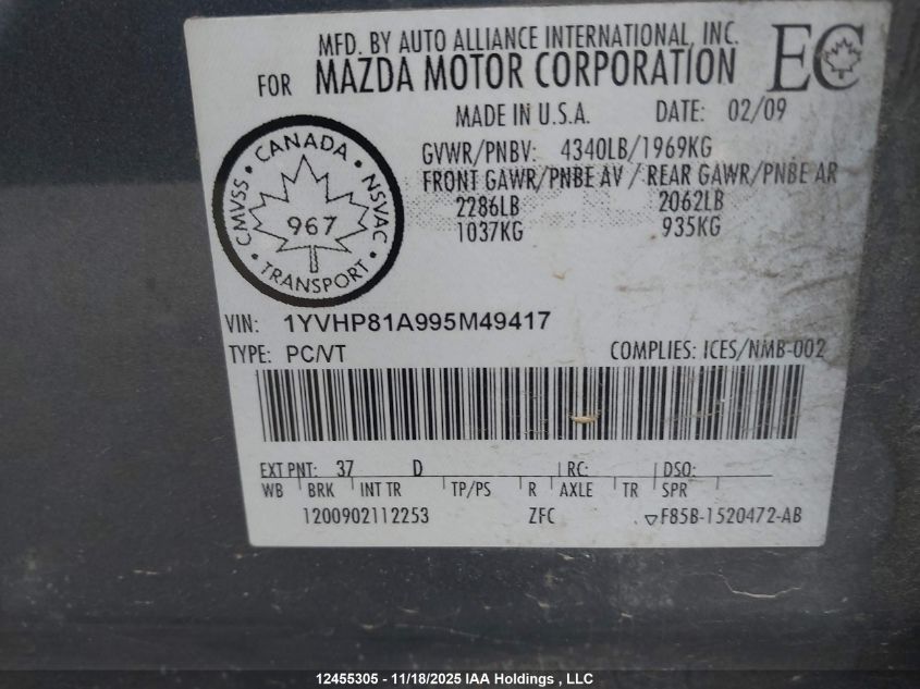 2009 Mazda Mazda6 Gs-I4 VIN: 1YVHP81A995M49417 Lot: 12455305