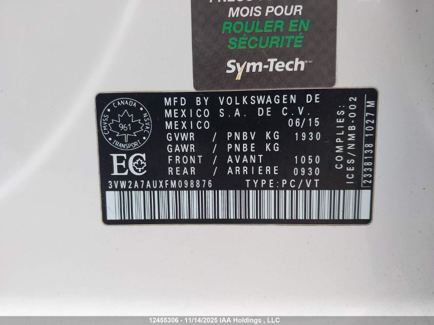 2015 Volkswagen Golf 2.0 Tdi Comfortline/2.0 Tdi Highline/2.0 Tdi Trendline VIN: 3VW2A7AUXFM098876 Lot: 12455306