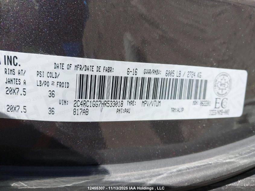 2017 Chrysler Pacifica Limited VIN: 2C4RC1GG7HR533018 Lot: 12455307