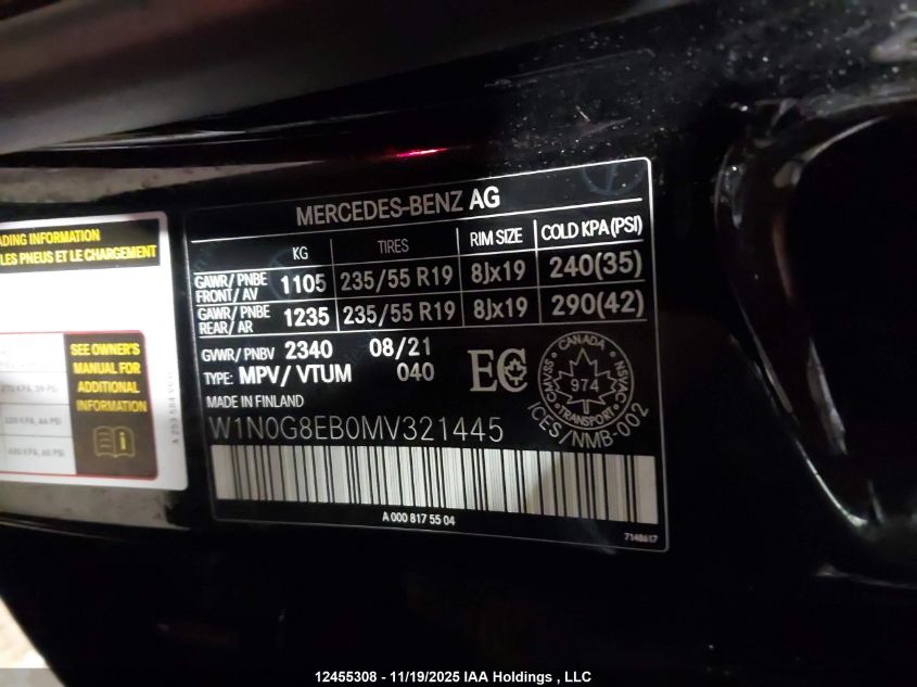 2021 Mercedes-Benz Glc 300 4Matic VIN: W1N0G8EB0MV321445 Lot: 12455308