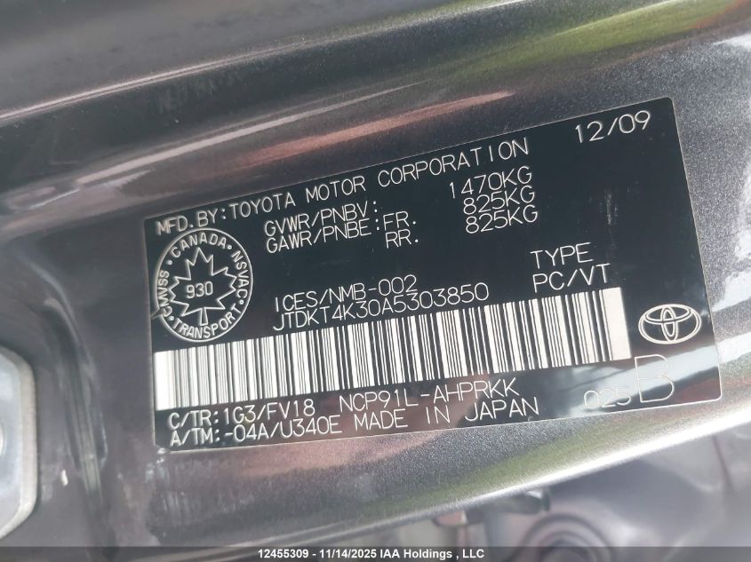 2010 Toyota Yaris Rs VIN: JTDKT4K30A5303850 Lot: 12455309