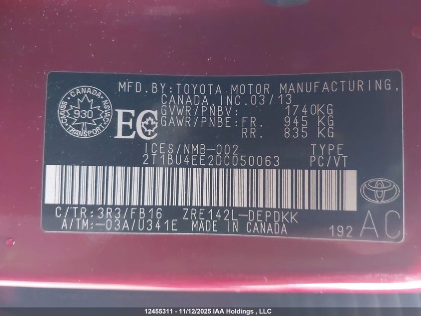 2T1BU4EE2DC050063 2013 TOYOTA COROLLA photo no. 9