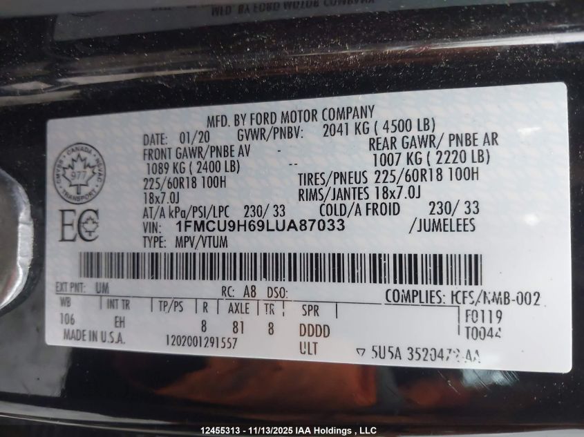 2020 Ford Escape VIN: 1FMCU9H69LUA87033 Lot: 12455313