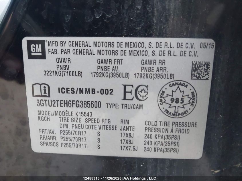 2015 GMC Sierra 1500 VIN: 3GTU2TEH6FG385600 Lot: 12455315