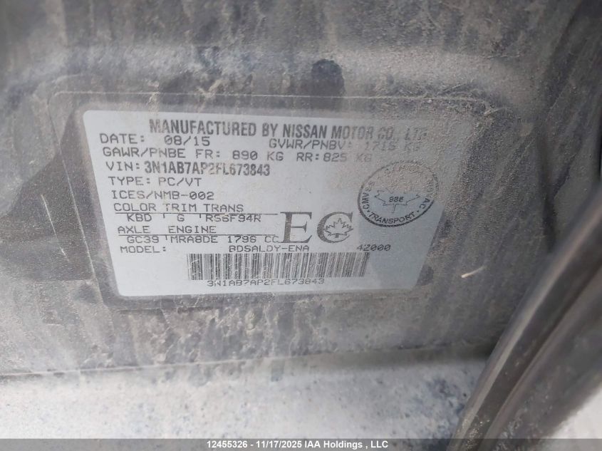 2015 Nissan Sentra 1.8 S/1.8 Sl/1.8 Sr/1.8 Sv VIN: 3N1AB7AP2FL673843 Lot: 12455326