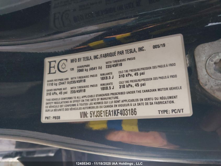 2019 Tesla Model 3 Long Range/Mid Range/Standard Range/Standard Range Plus VIN: 5YJ3E1EA1KF403186 Lot: 12455343