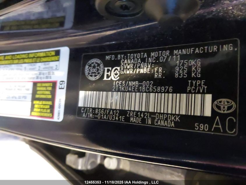 2011 Toyota Matrix VIN: 2T1KU4EE1BC658976 Lot: 12455353