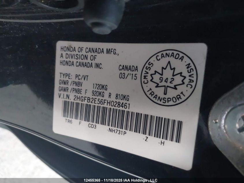 2015 Honda Civic Lx VIN: 2HGFB2E56FH028461 Lot: 12455365