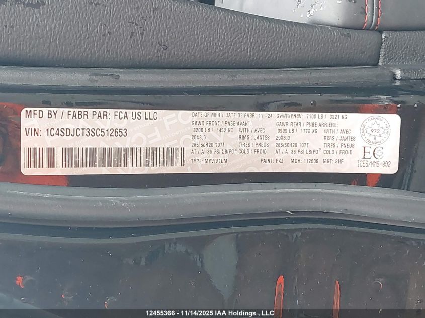 2025 Dodge Durango R/T VIN: 1C4SDJCT3SC512653 Lot: 12455366