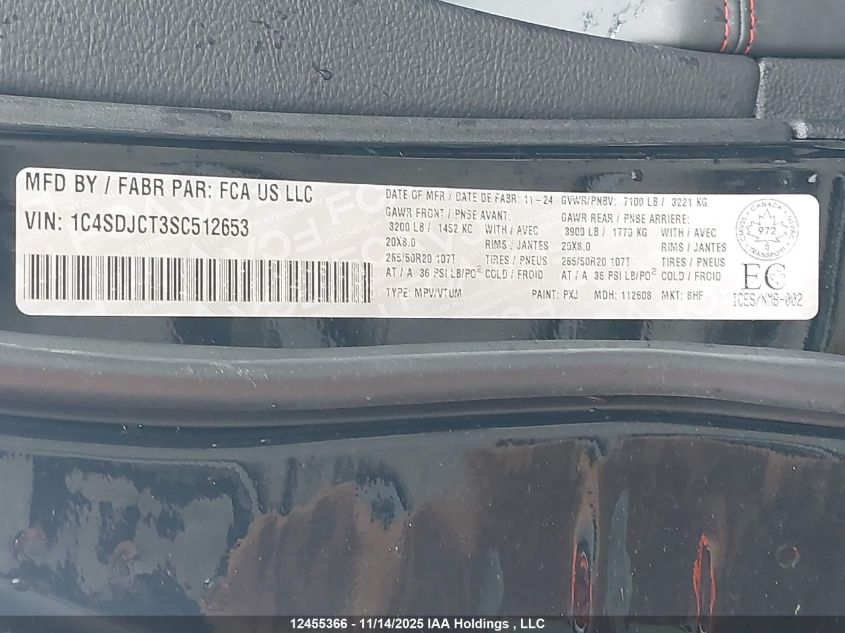 2025 Dodge Durango R/T VIN: 1C4SDJCT3SC512653 Lot: 12455366