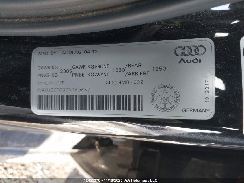 2012 Audi A6 Prestige VIN: WAUJGCFC8CN169657 Lot: 12455378