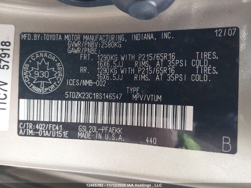 2008 Toyota Sienna Ce/Le VIN: 5TDZK23C18S146547 Lot: 12455392