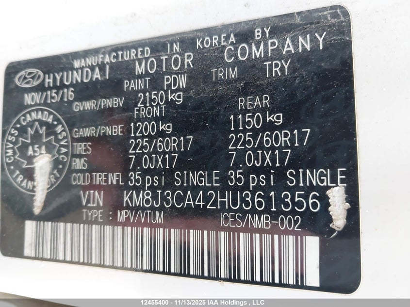 KM8J3CA42HU361356 2017 HYUNDAI TUCSON photo no. 9