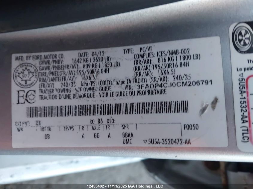 2012 Ford Fiesta Sel VIN: 3FADP4CJ0CM206791 Lot: 12455402